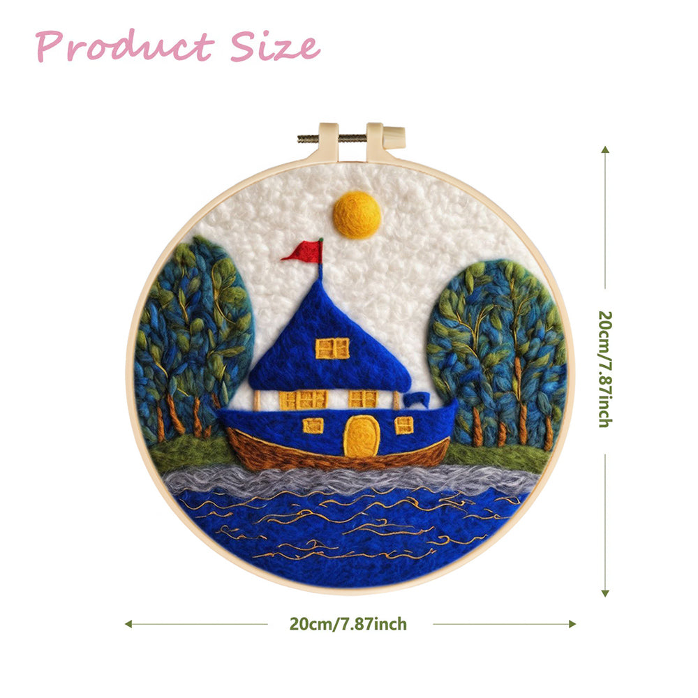 The School and Wooden Boat by the River Wool Needle Felting Painting Kit