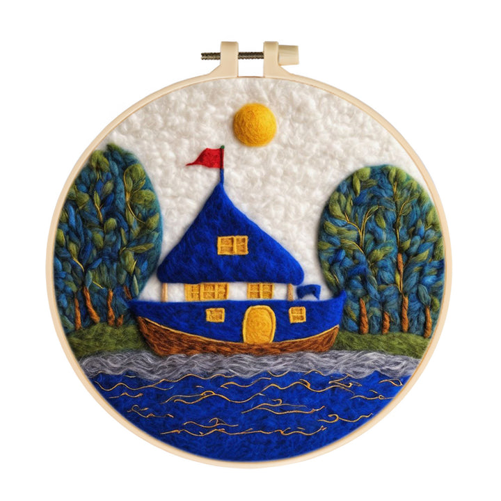 The School and Wooden Boat by the River Wool Needle Felting Painting Kit