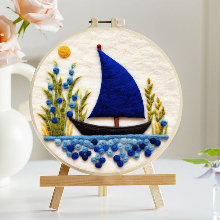 Blue Boat and Plants Wool Needle Felting Painting Kit