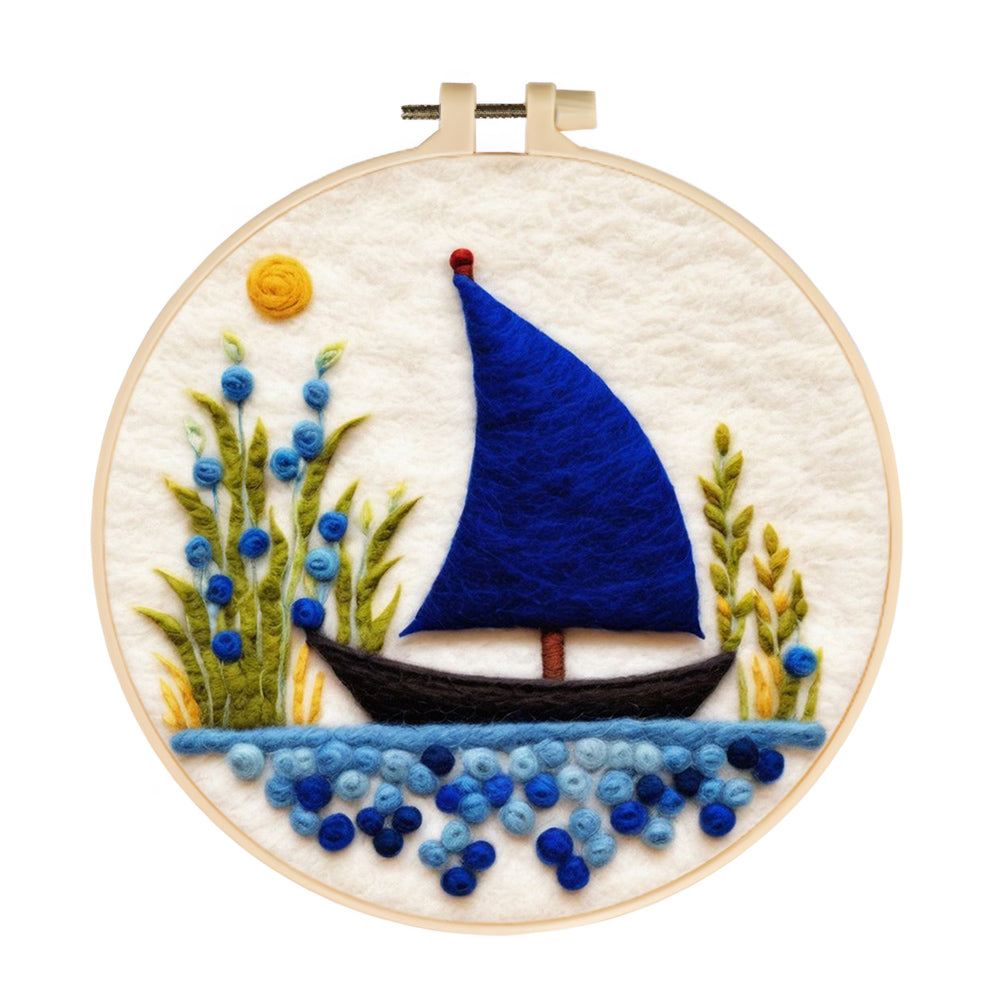 Blue Boat and Plants Wool Needle Felting Painting Kit