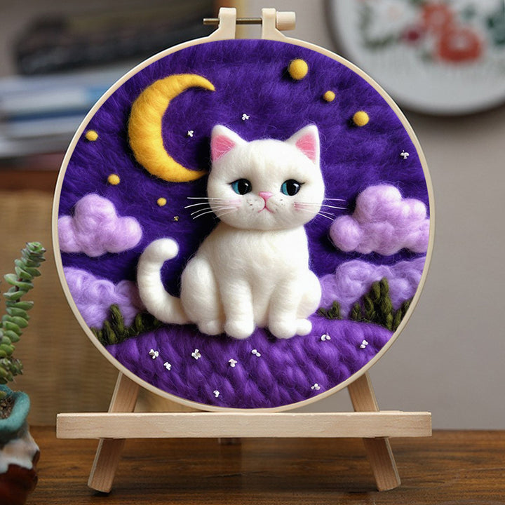 Cat in Moonlight with Crescent Shape Wool Needle Felting Painting Kit