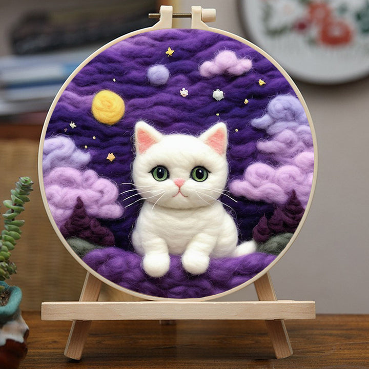 White Cat in Magical Night Sky Wool Needle Felting Painting Kit