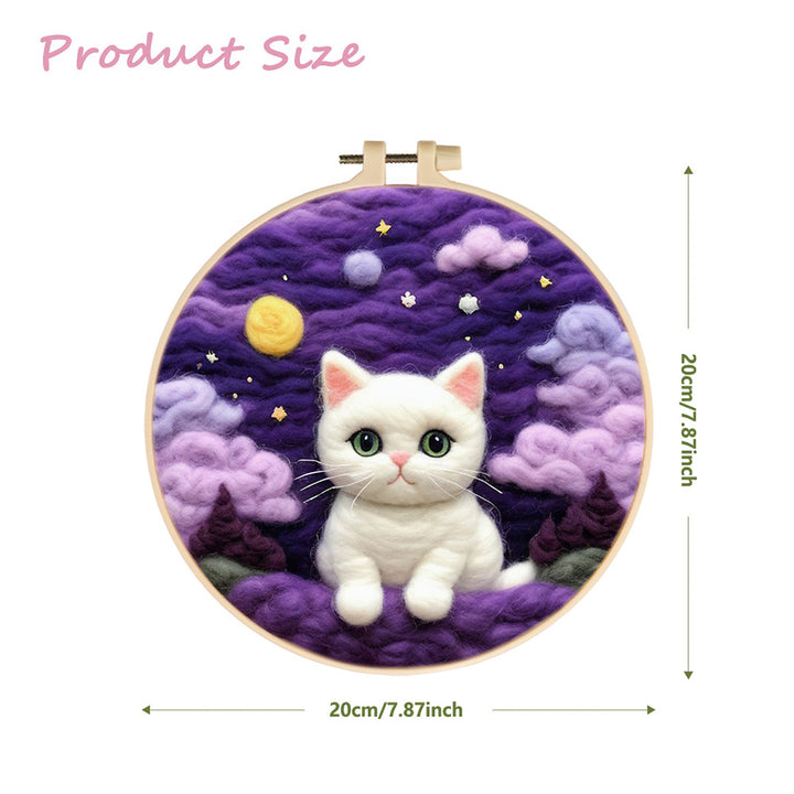 White Cat in Magical Night Sky Wool Needle Felting Painting Kit