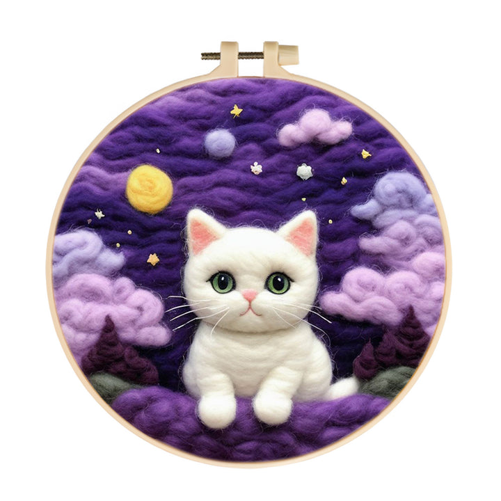 White Cat in Magical Night Sky Wool Needle Felting Painting Kit