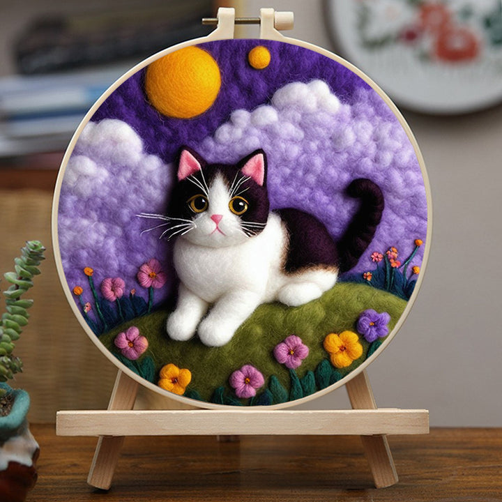Cat on Hill with Purple Clouds Wool Needle Felting Painting Kit