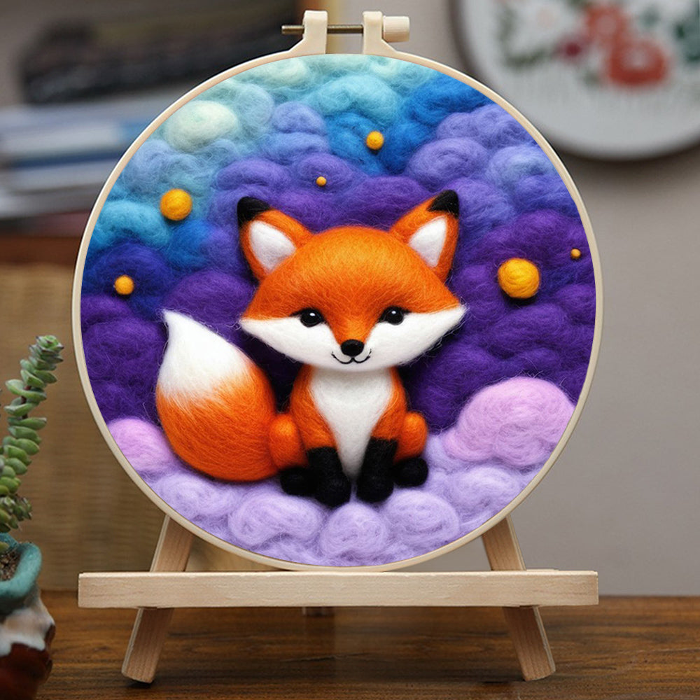 Fox Surrounded by Purple and Blue Clouds Wool Needle Felting Painting Kit