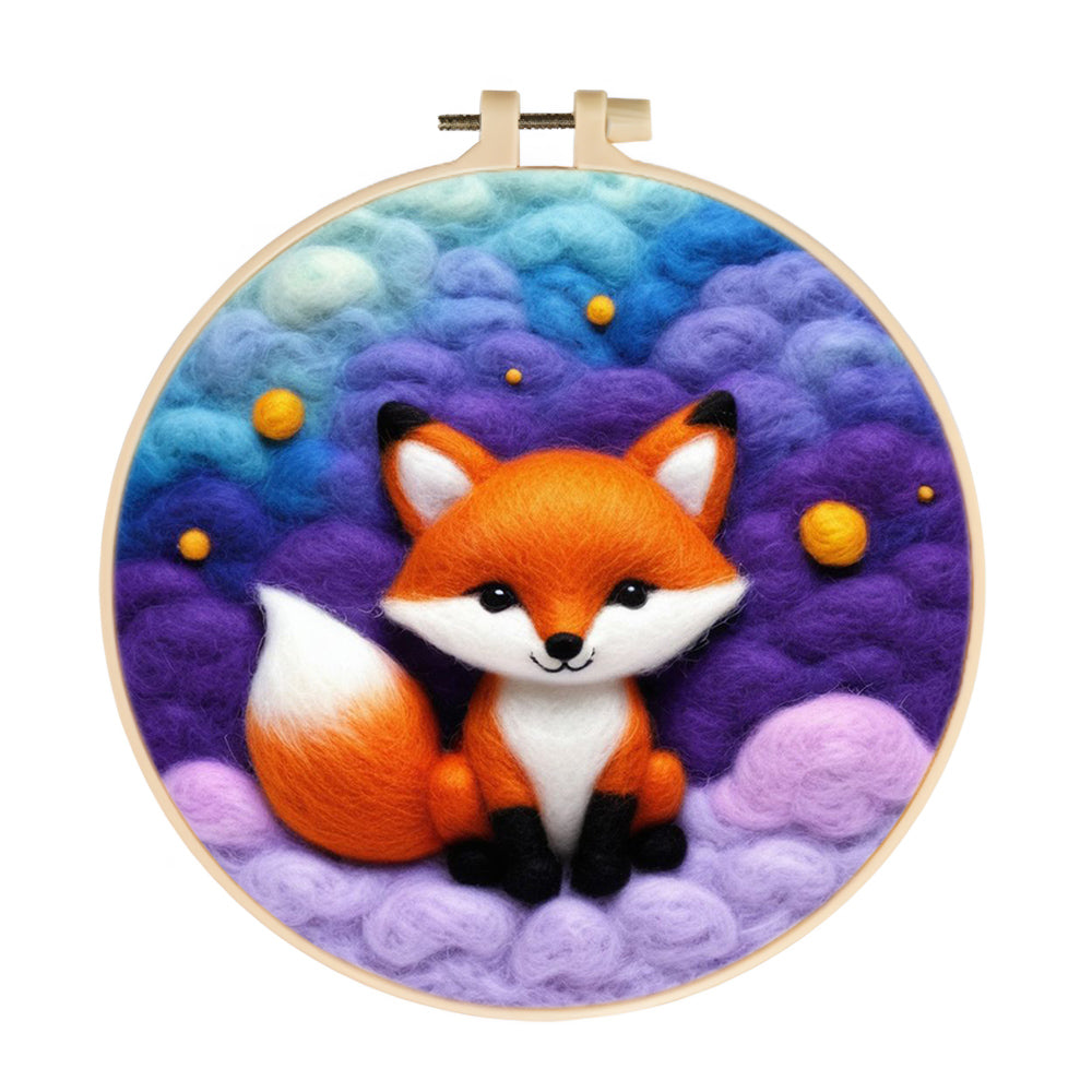 Fox Surrounded by Purple and Blue Clouds Wool Needle Felting Painting Kit