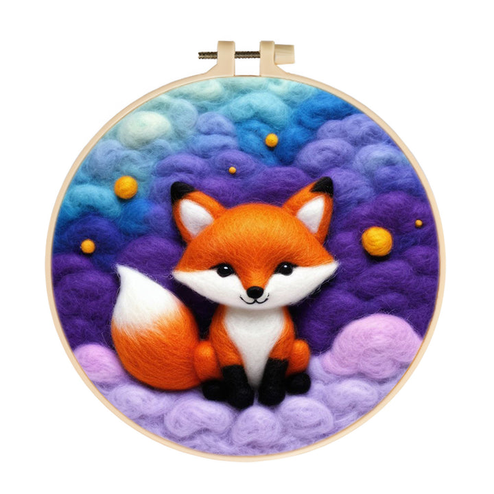 Fox Surrounded by Purple and Blue Clouds Wool Needle Felting Painting Kit
