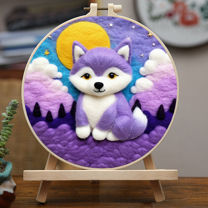 Little Wolf in Dreamy Night Sky Wool Needle Felting Painting Kit