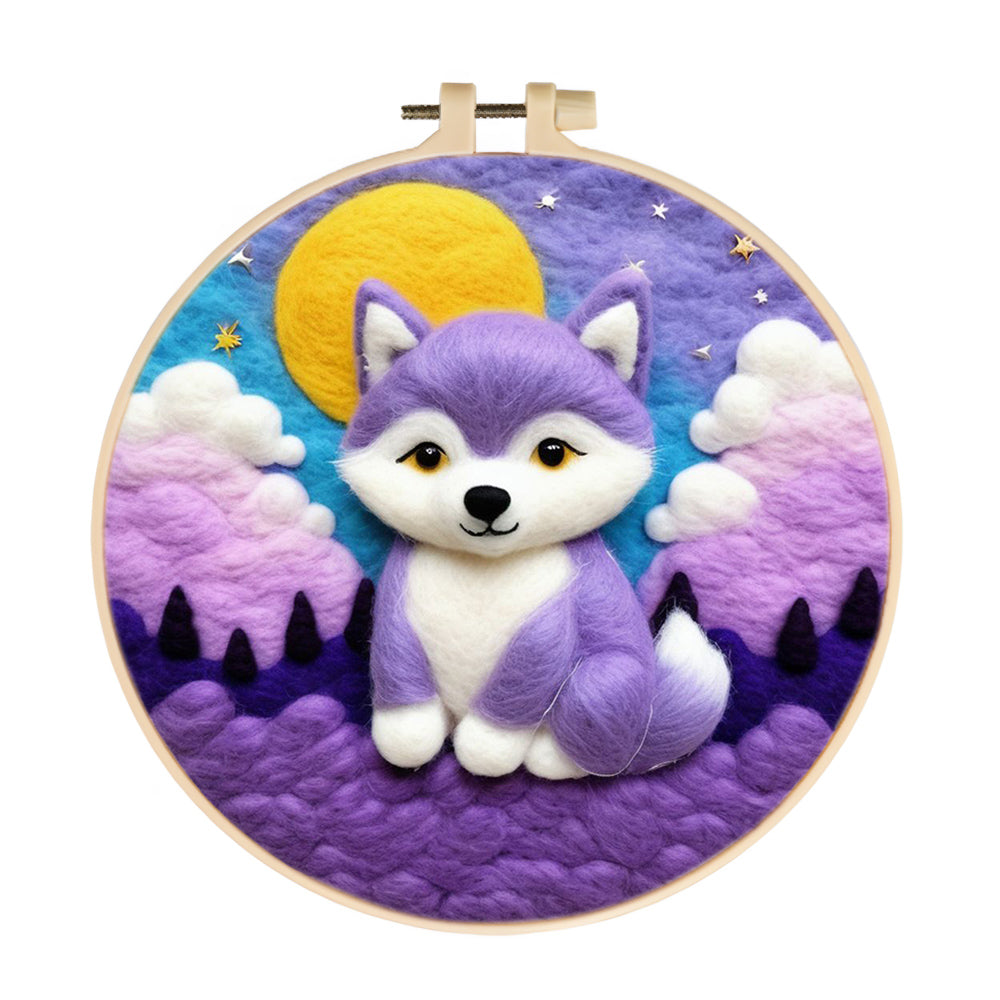 Little Wolf in Dreamy Night Sky Wool Needle Felting Painting Kit