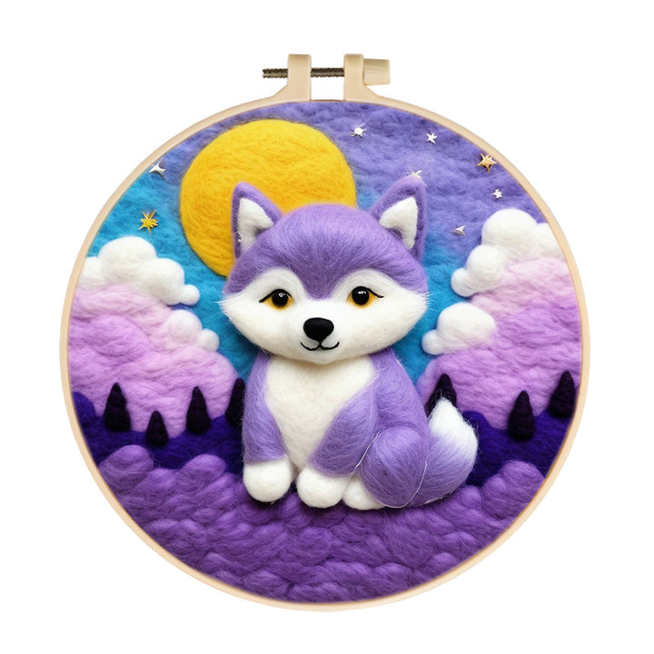 Little Wolf in Dreamy Night Sky Wool Needle Felting Painting Kit