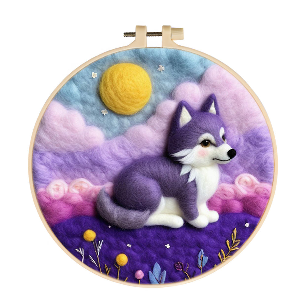 Little Wolf on Purple Hills Wool Needle Felting Painting Kit
