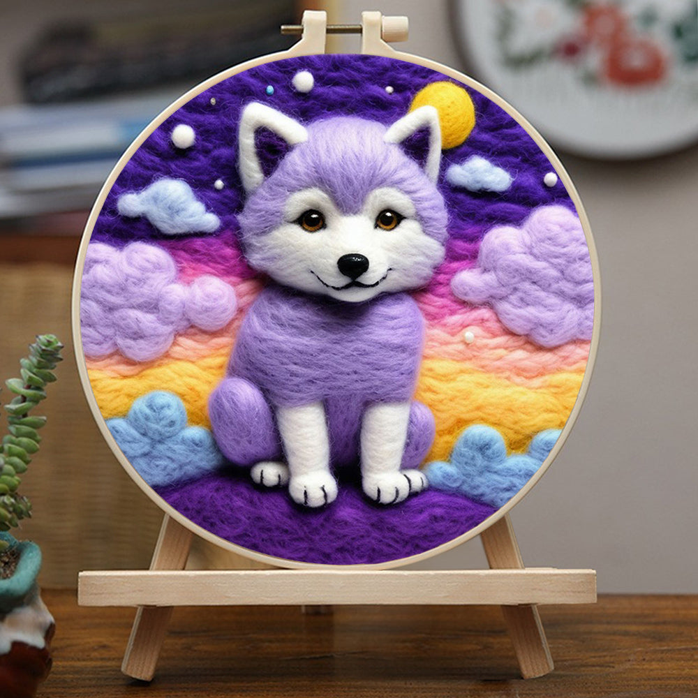 Sweet Wolf Against Colorful Twilight Wool Needle Felting Painting Kit
