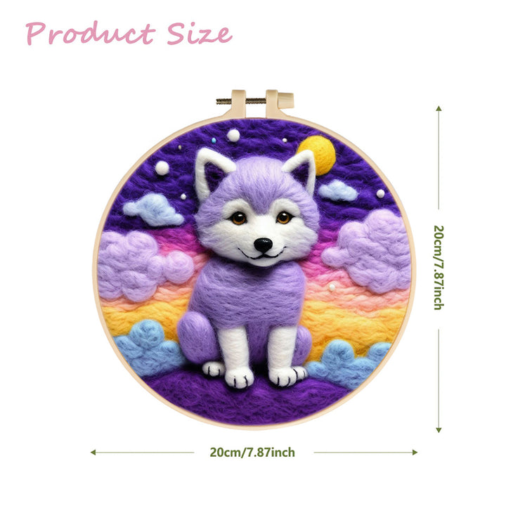 Sweet Wolf Against Colorful Twilight Wool Needle Felting Painting Kit