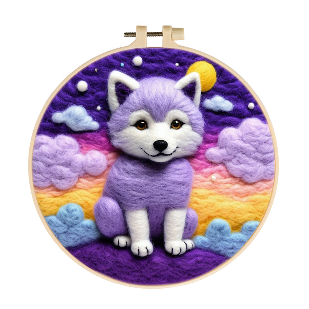 Sweet Wolf Against Colorful Twilight Wool Needle Felting Painting Kit