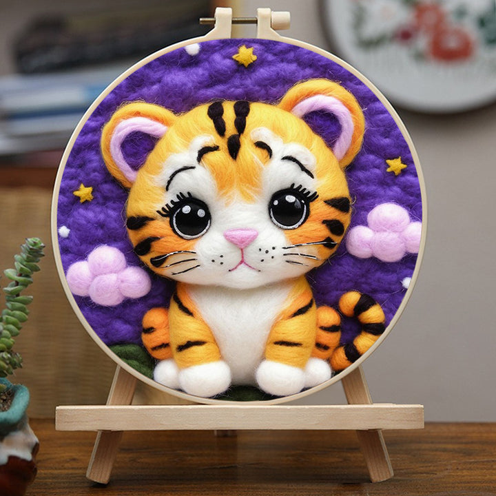 Purple Clouds Surrounding Cute Tiger Wool Needle Felting Painting Kit