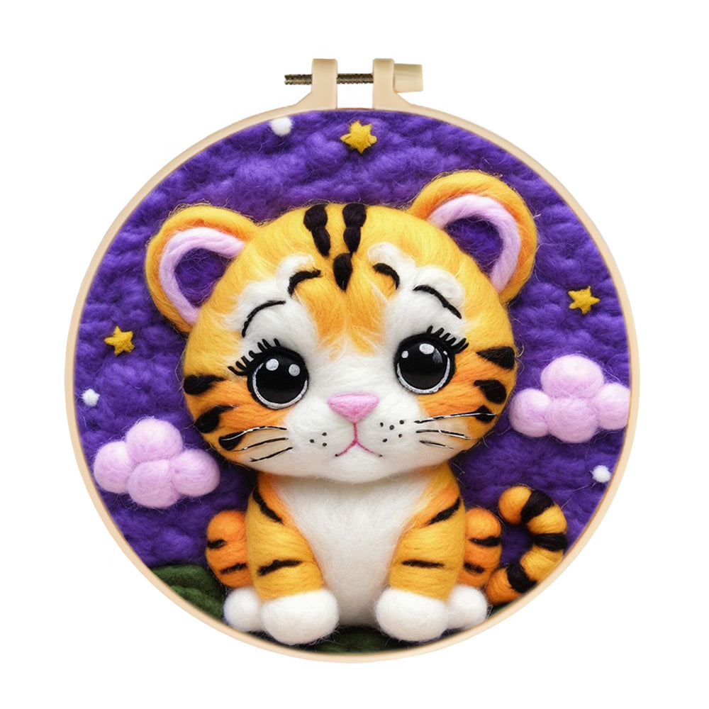 Purple Clouds Surrounding Cute Tiger Wool Needle Felting Painting Kit