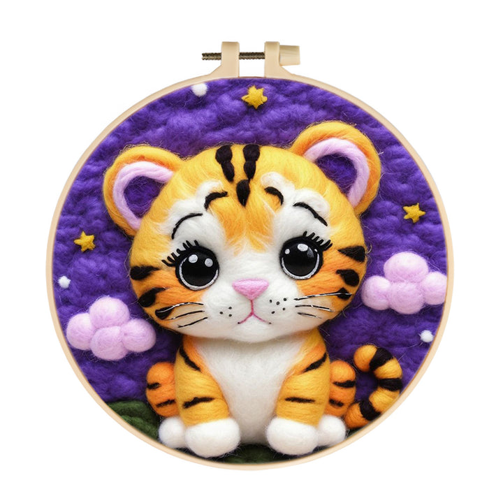 Purple Clouds Surrounding Cute Tiger Wool Needle Felting Painting Kit