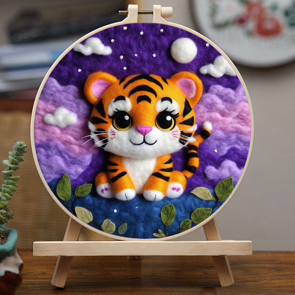 Tiger Sitting on Hill Under Moon Wool Needle Felting Painting Kit
