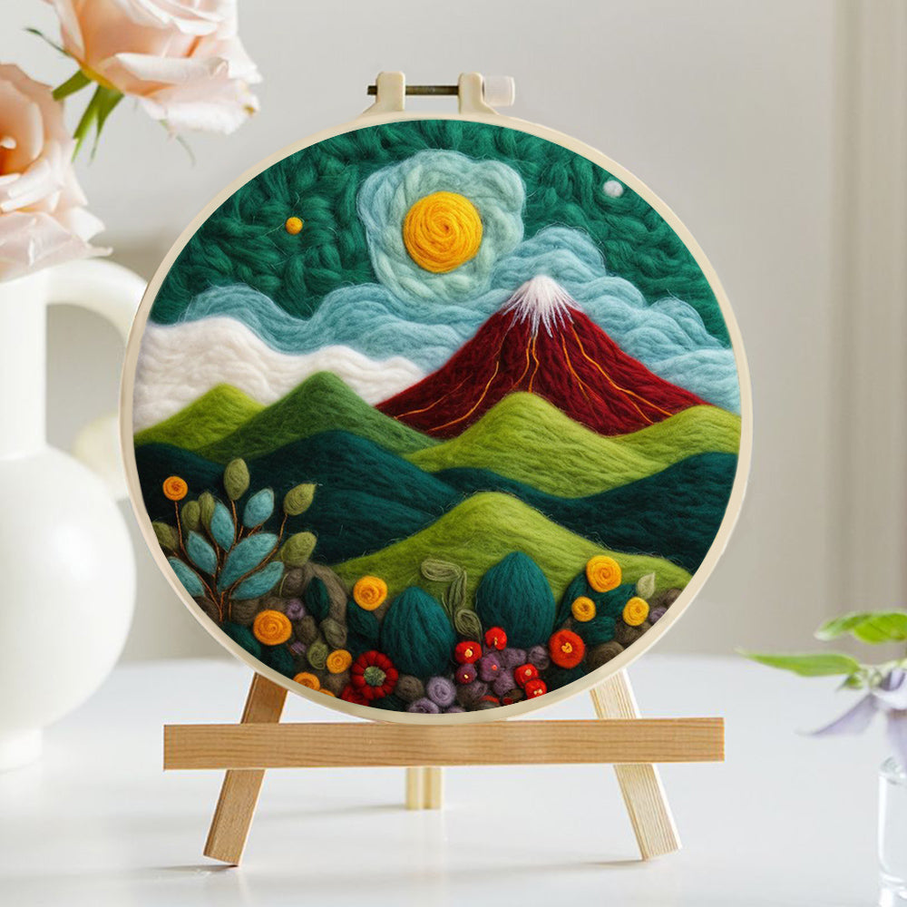 Volcano, Green Hills and Flowers Wool Needle Felting Painting Kit