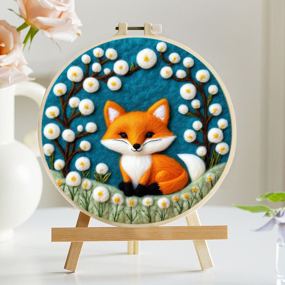 Little Fox surrounded by White Dandelions Wool Needle Felting Painting Kit