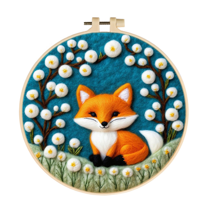 Little Fox surrounded by White Dandelions Wool Needle Felting Painting Kit