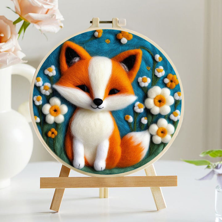 Little Fox and White Flowers Wool Needle Felting Painting Kit