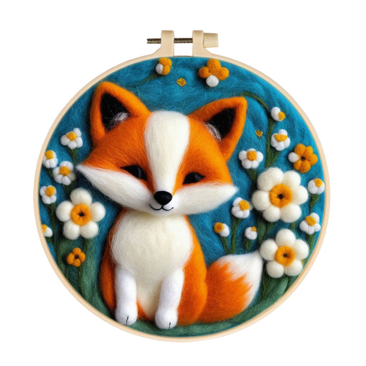 Little Fox and White Flowers Wool Needle Felting Painting Kit