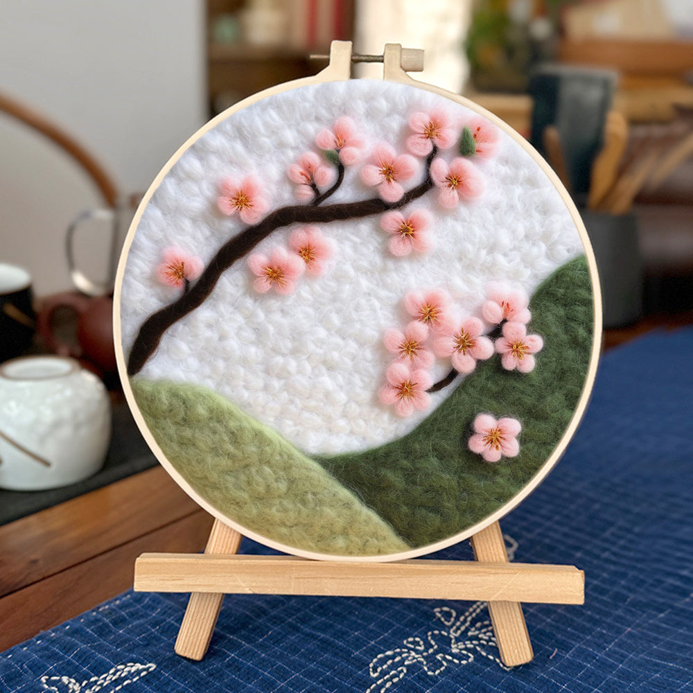 Pink Flowers and Green Hills Wool Needle Felting Painting Kit