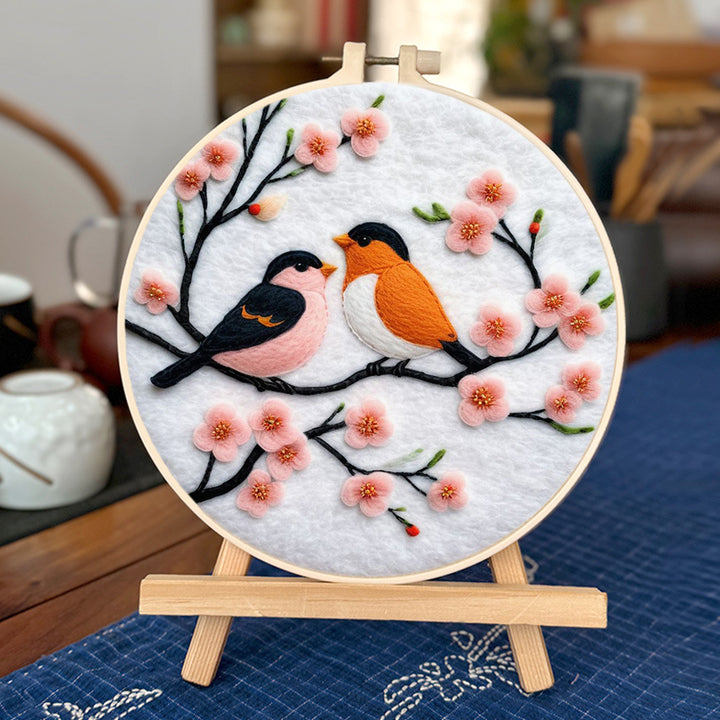 Magpie Couple on Pink Flower Branch Wool Needle Felting Painting Kit