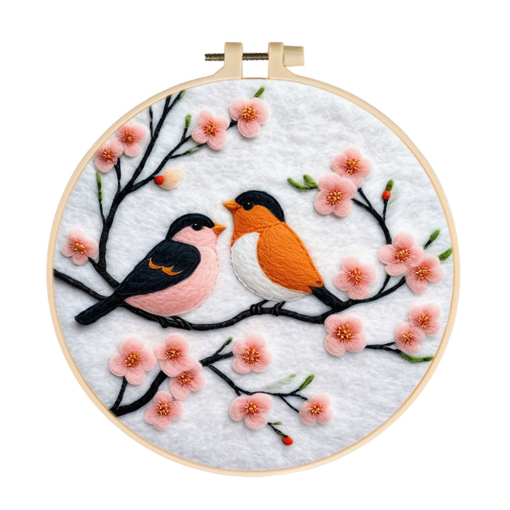 Magpie Couple on Pink Flower Branch Wool Needle Felting Painting Kit
