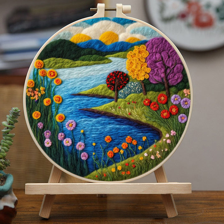 Rivers and Flowering Trees in the Valley Wool Needle Felting Painting Kit
