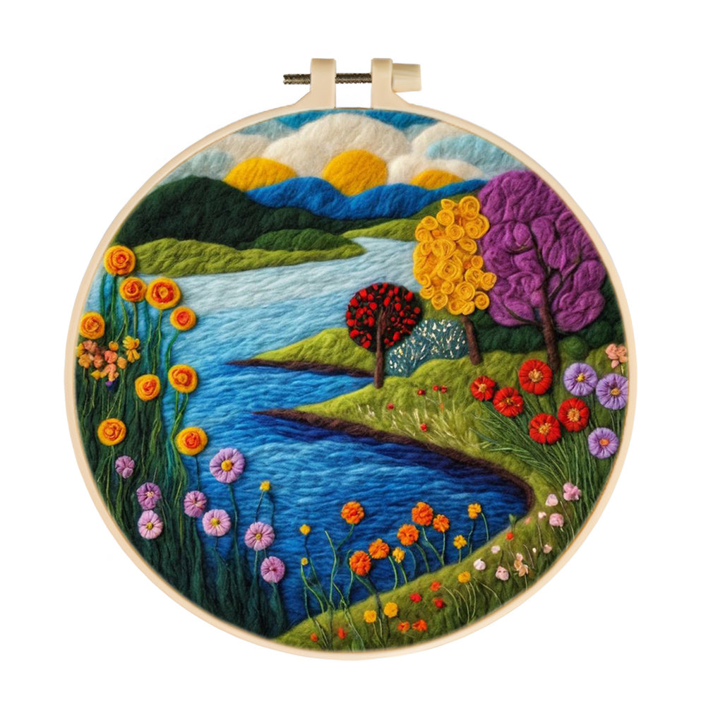 Rivers and Flowering Trees in the Valley Wool Needle Felting Painting Kit