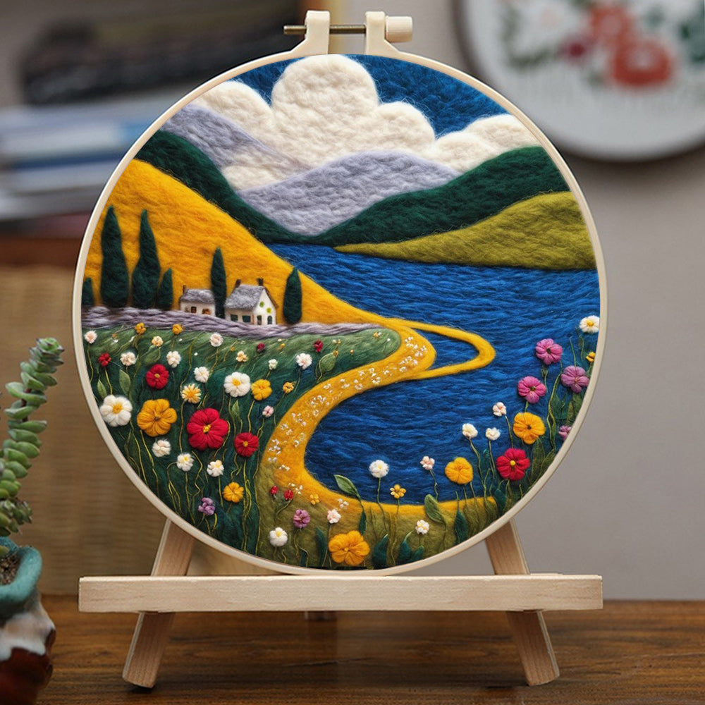 Mountain River and Flowers Wool Needle Felting Painting Kit