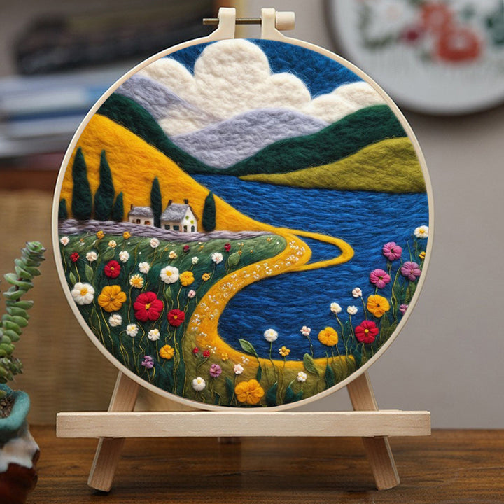 Mountain River and Flowers Wool Needle Felting Painting Kit