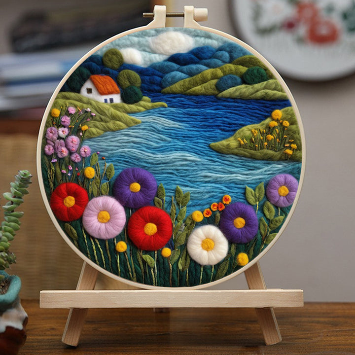 Mountain River and Colorful Flowers Wool Needle Felting Painting Kit