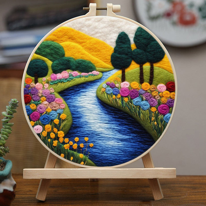 Colorful Flowers and Golden Mountains by the River Wool Needle Felting Painting Kit