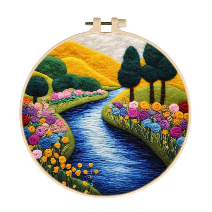 Colorful Flowers and Golden Mountains by the River Wool Needle Felting Painting Kit