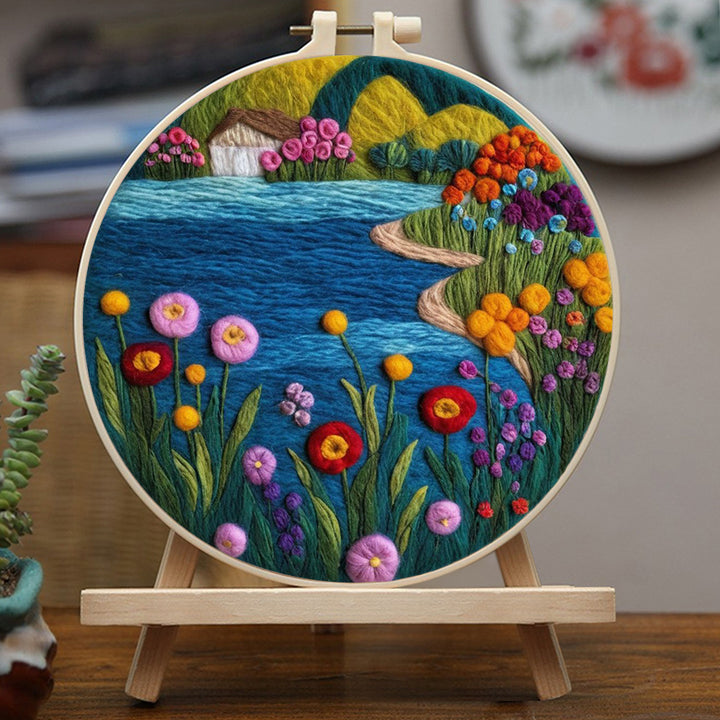 Blue River surrounded by Colorful Flowers Wool Needle Felting Painting Kit