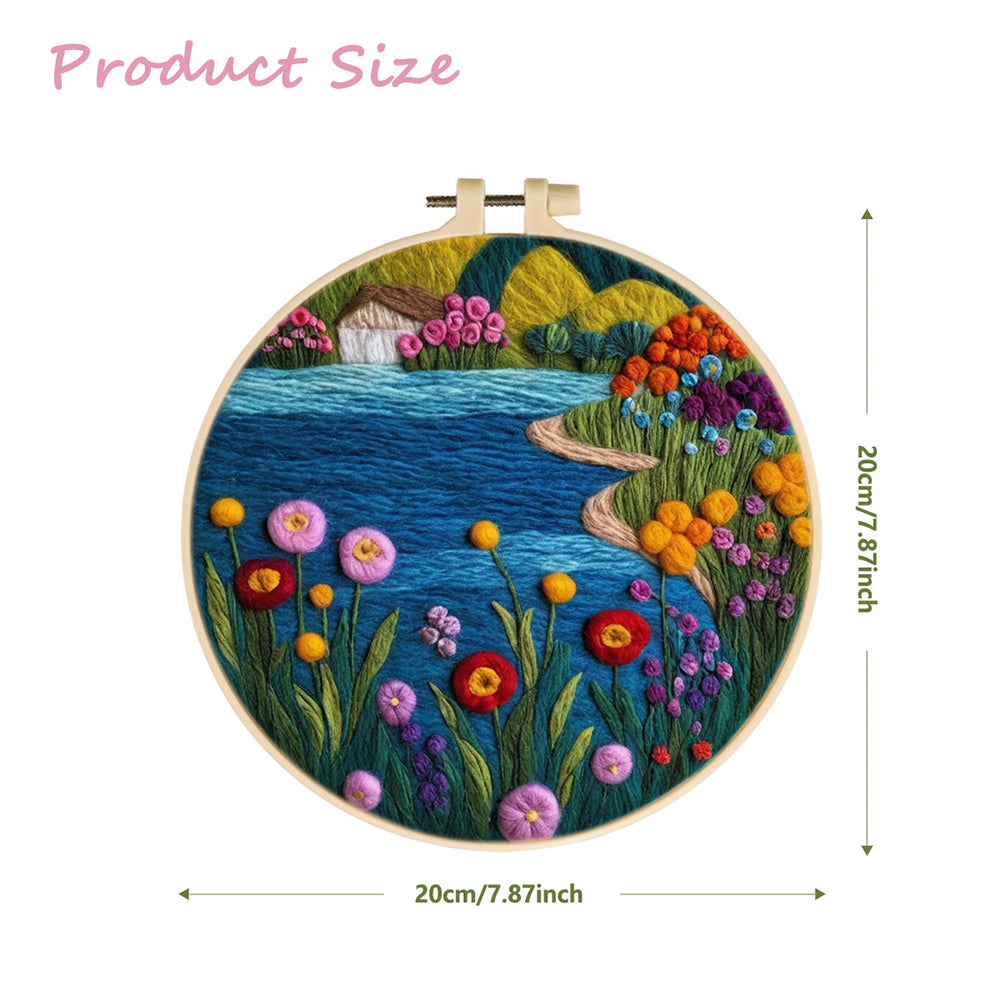 Blue River surrounded by Colorful Flowers Wool Needle Felting Painting Kit