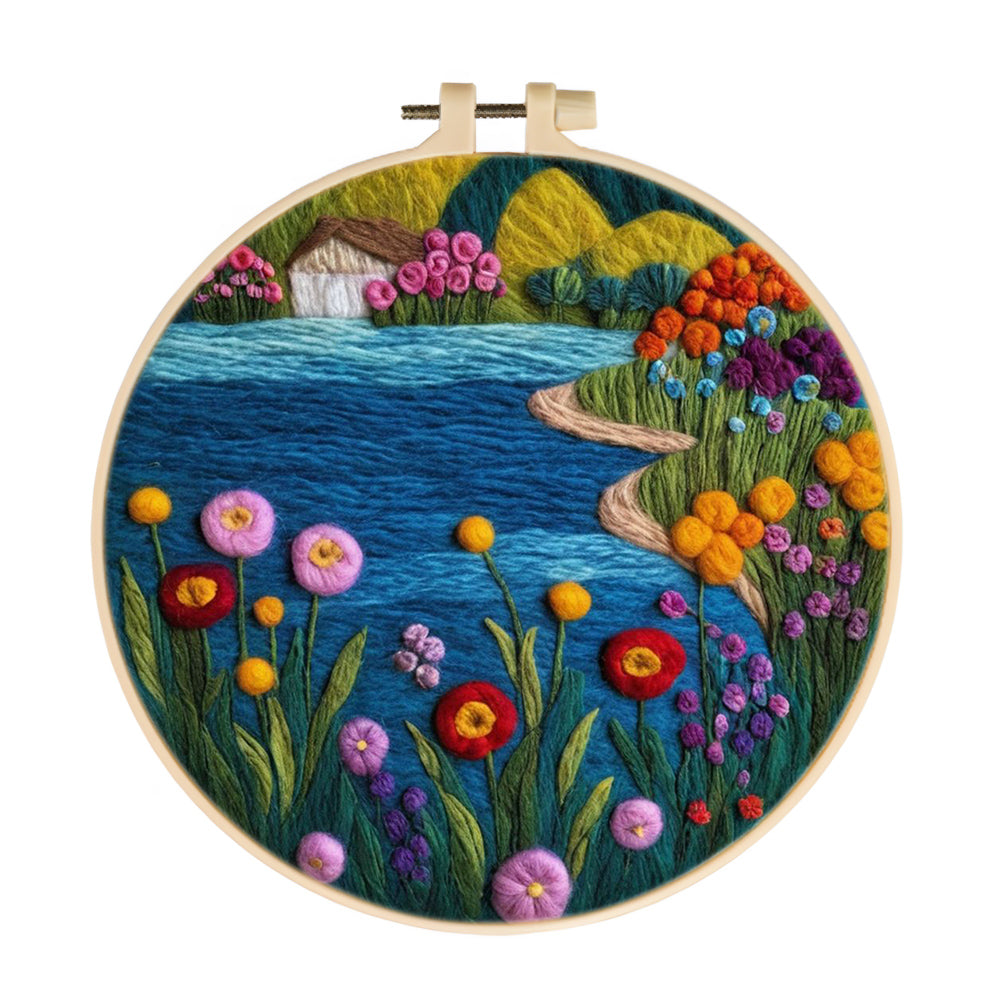 Blue River surrounded by Colorful Flowers Wool Needle Felting Painting Kit