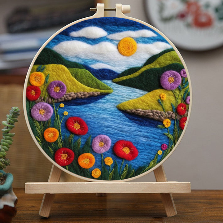 Blue River, Colorful Flowers and Green Hills Wool Needle Felting Painting Kit