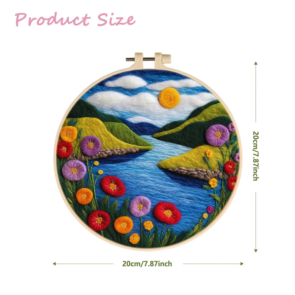 Blue River, Colorful Flowers and Green Hills Wool Needle Felting Painting Kit