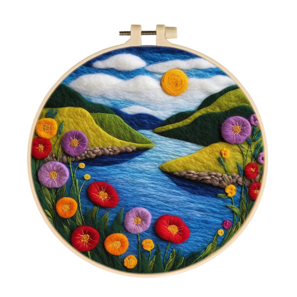 Blue River, Colorful Flowers and Green Hills Wool Needle Felting Painting Kit