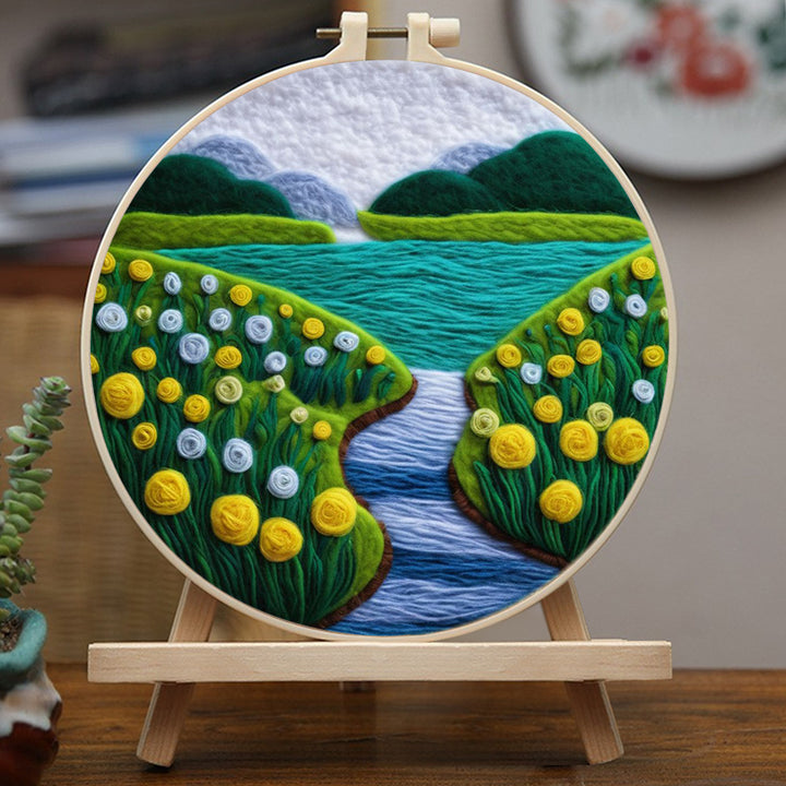 Green River and Yellow Flowers Wool Needle Felting Painting Kit
