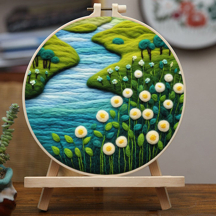 Flowers and Green Meadow beside the Stream Wool Needle Felting Painting Kit