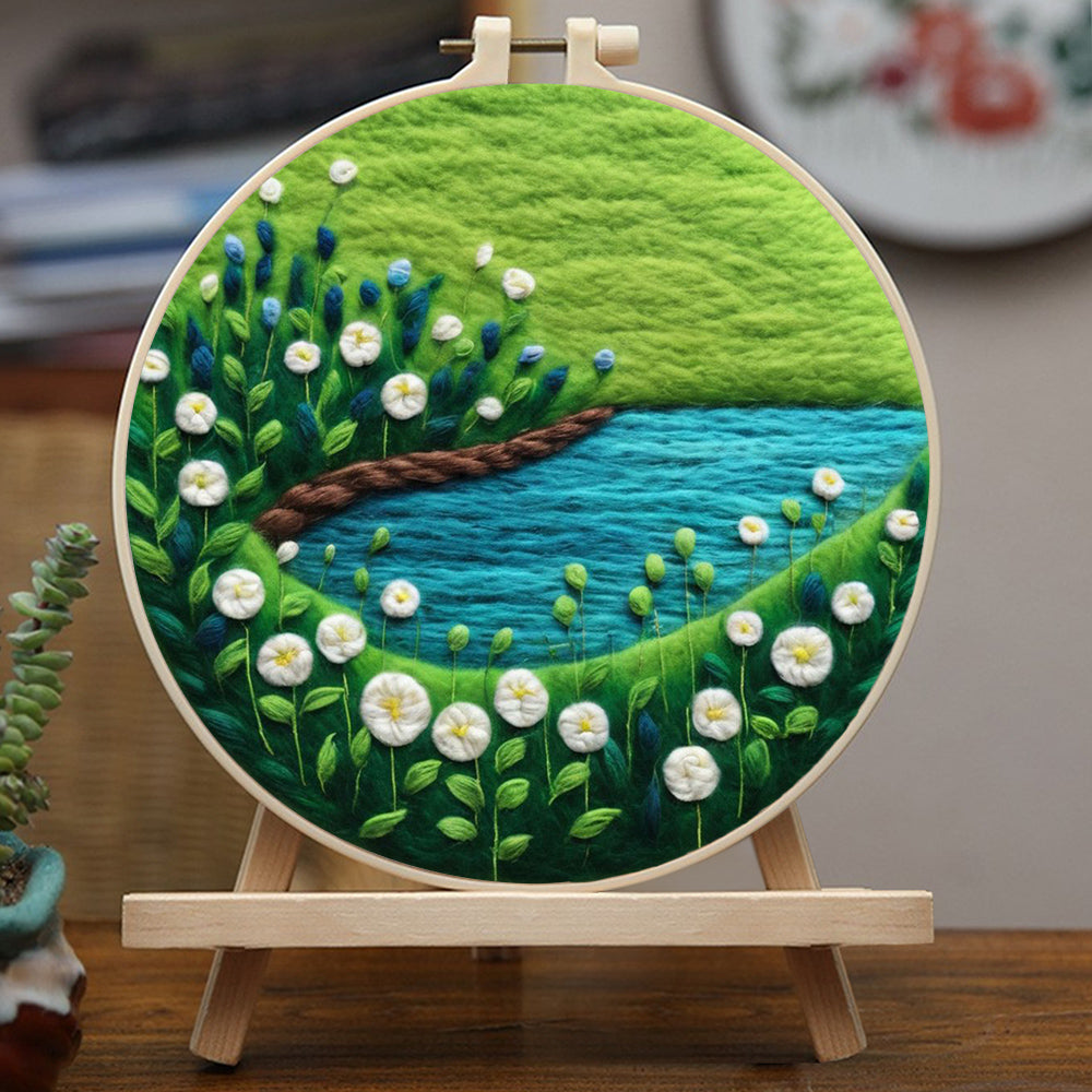 White Wildflowers and Puddles on the Meadow Wool Needle Felting Painting Kit