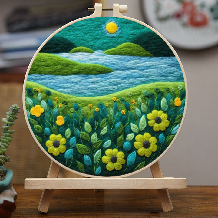 Blue River, Green Hills and Flowers Wool Needle Felting Painting Kit