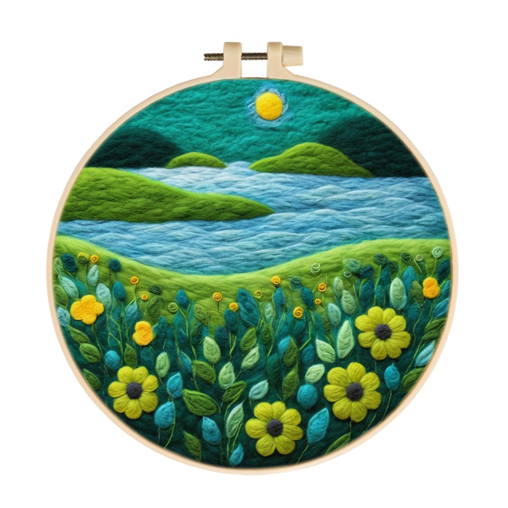 Blue River, Green Hills and Flowers Wool Needle Felting Painting Kit