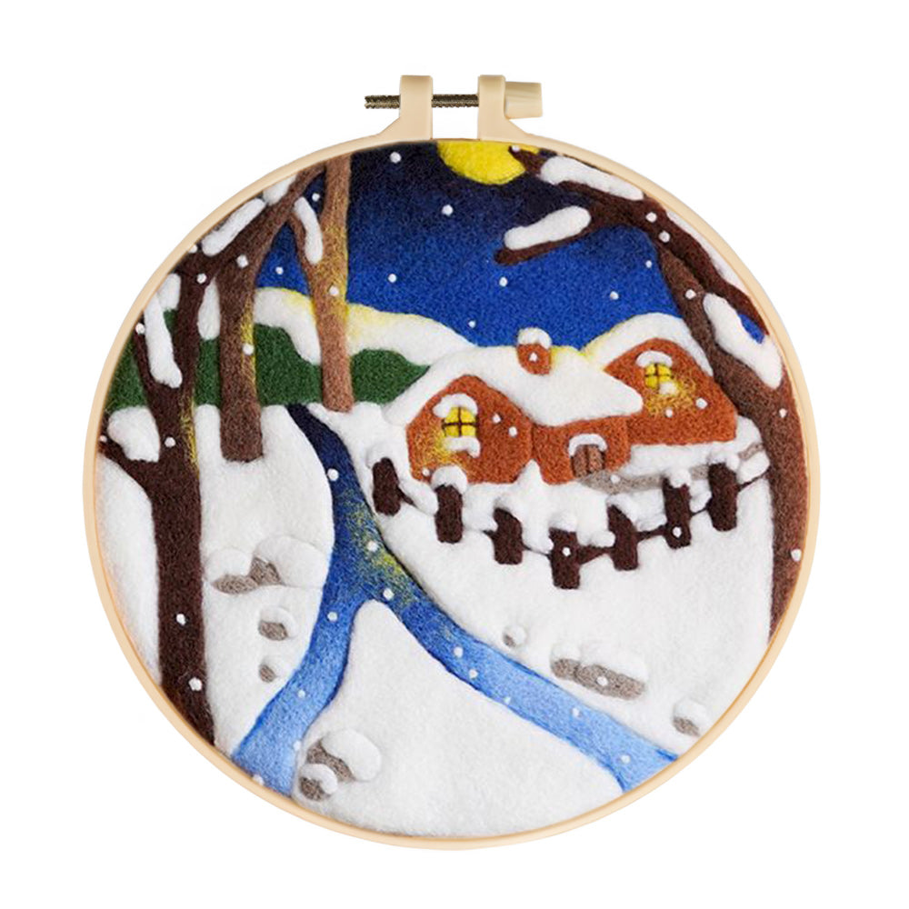 Village House in Snow Night Wool Needle Felting Painting Kit
